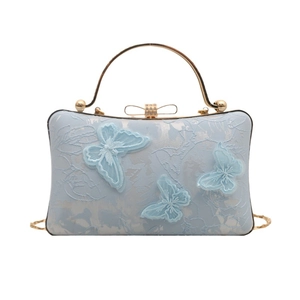 Elegant light blue lace evening clutch bag with butterfly appliques and gold handle