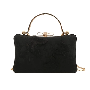 Elegant black satin evening bag with butterfly embroidery and golden metal handle