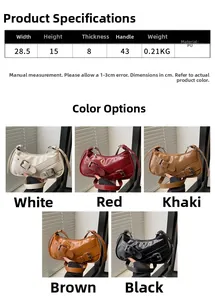 Tableau des tailles détaillé et choix de couleurs pour cinq sacs croissant en cuir PU