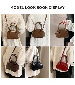Collage di sei viste di borsa bowling retrò in pelle in marrone, nero e rosso da donna
