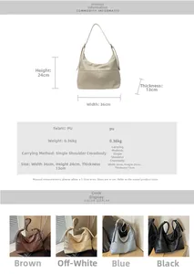 Size chart showing large PU leather hobo bag dimensions 36x24x13cm and color options