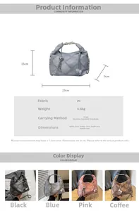 Detail specifications showing geometric PU leather crossbody bag with size and color options