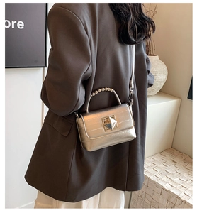 Détail d'un petit sac carré métallisé avec clous pyramides et poignée perles