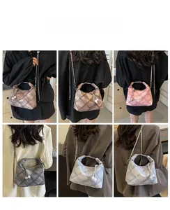Collage of quilted hobo bags in multiple colors with chain straps on models