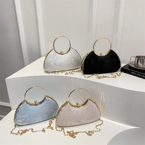 Elegant embroidered evening handbags with gold metal handles and chain straps in four colors
