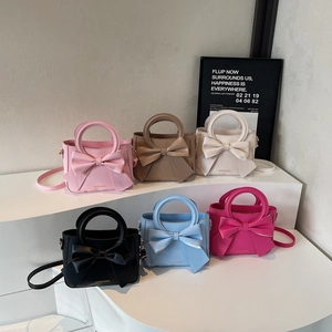 Women PU Leather Bucket Bag Large Bowknot Round Handle Crossbody Handbag Sweet Fashion Shoulder Bag Minimalist Style