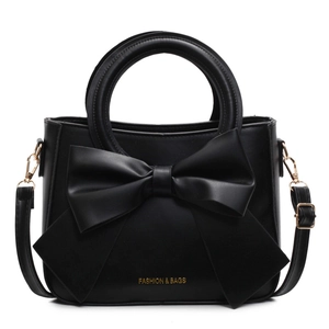 Sweet minimalist black bucket bag with large bow and gold hardware handles