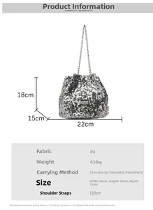 Detailed dimensions of silver sequin bucket bag with metal chain strap and PU material info