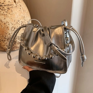 Ruched Bucket Bag Beaded Handle Drawstring Crossbody Bag Metallic PU Leather Shoulder Bag Trendy Pleated Handbag Daily Party