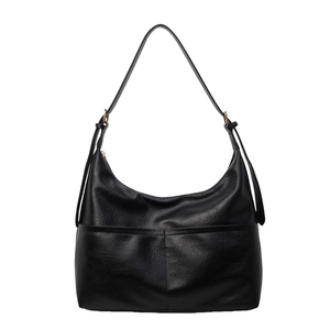 Large black crescent tote bag in premium PU leather with adjustable strap and gold hardware