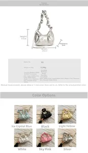 Size chart showing 24x17x9cm dimensions and PU material specs for the pleated handbag