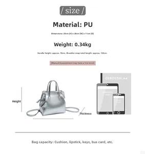 Detailed size chart for silver PU shoulder bag showing dimensions 20x20x11cm and scale