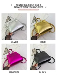 Detailed views of stylish women's shoulder bags in silver, gold, magenta and black finishes
