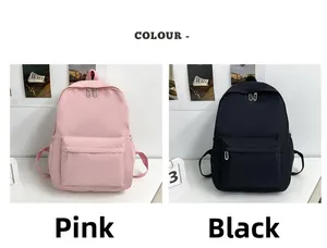 Comparison of pink and black minimalist nylon backpacks with front zipper pockets