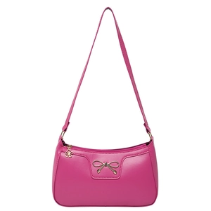 Hot pink crescent underarm bag in PU leather with golden bow and floral zipper charm