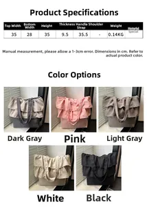 Detailed size chart and multi-color options for ruffled canvas tote bag with dimensions