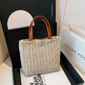 Damen Kontrast Strohgewebe Tote Bag Sommer Große Kapazität Minimalistische Eimertasche Mit Kunstleder Griff Für Den Urlaub