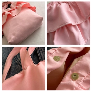 Detailed views of pink ruffled tote bag with magnetic closure and soft fabric texture