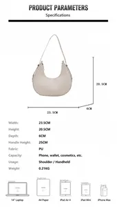 Detailed size specifications for off-white woven crescent bag with PU texture