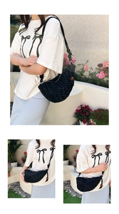 Détails du sac hobo noir à motif pied-de-poule avec bandoulière nouée et perle ambre