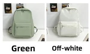 Front view of green and cream minimalist nylon backpacks with multiple compartments
