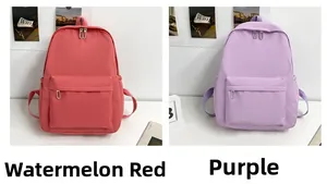 Detailed comparison of watermelon red and purple nylon backpacks with front zipper pockets
