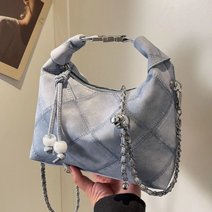 Damen Mode PU Denim Optik Achseltasche Rautensteppung Schulter Umhängetasche Mit Kette Perlen Retro Handtasche