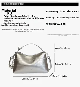 Size chart for silver PU shoulder bag showing dimensions and weight for women