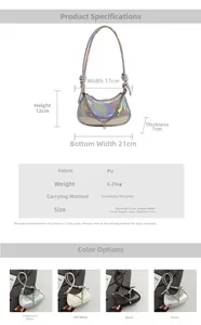 Detailed size chart for PU leather holographic crossbody bag showing 21x12x7cm dimensions