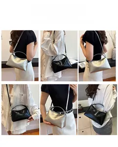 Detailed views of trapezoid bucket bag with crocodile texture and adjustable strap