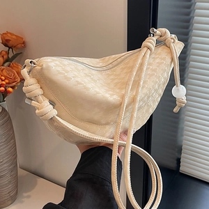 Women Chic Crescent Hobo Bag PU Leather Woven Texture Knotted Strap With Bead Charm Minimalist Fashionable Shoulder Crossbody Bag