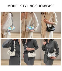 Multiple views of a crescent bag with metal chain, pearl pendant, and knotted shoulder strap