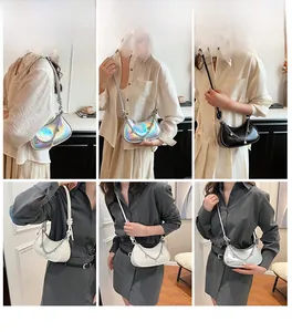 Multiple views of a crescent bag with metal chain, pearl pendant, and knotted shoulder strap