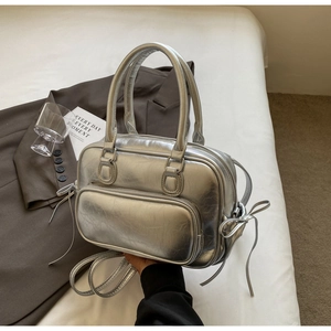 Silver metallic PU leather Boston handbag with bow accents and removable strap