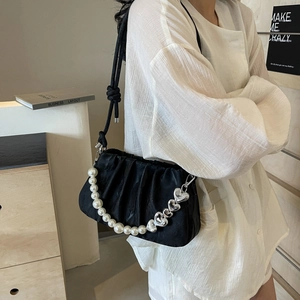 French style black pleated handbag with pearl heart chain and knotted strap for women