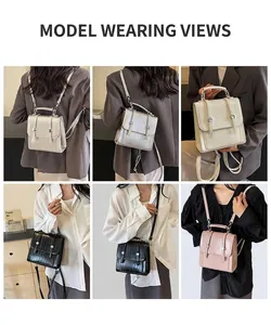 Detail view of multi-way mini backpack in silver, black and pink faux leather