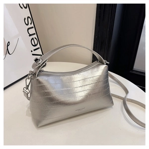Detailed view of silver bento bag showing eel pattern texture and metallic finish