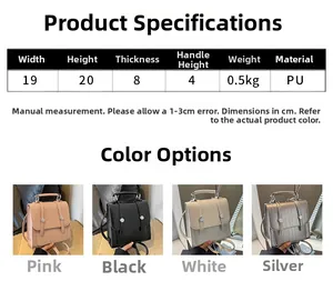 Size chart and color selection for small PU leather tote bags in pink, black, white, and silver