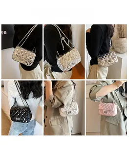 Quilted diamond chain bag showcased in four colors through various fashion model poses