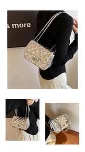 Detailed views of a silver quilted crossbody bag with metal chain strap and twist lock