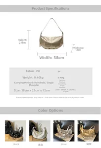 Detailed size specifications for crescent PU tote bag with material and color options