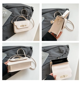Collage showing beige leather crossbody bag from multiple angles and internal storage