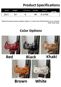 Size chart and dimensions for the PU leather buckle shoulder bag in five colors