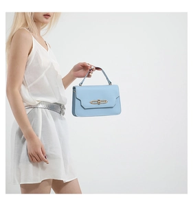 Detail of light blue leather handbag featuring a stylish oval metal buckle and top handle