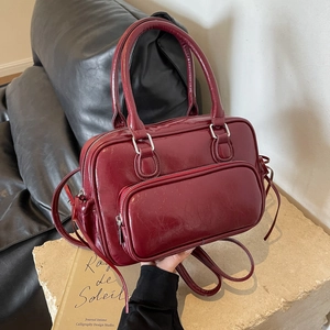 Retro burgundy PU leather backpack for women with dual top handles and silver hardware