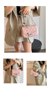 Three-way collage of pink quilted crossbody bag shown as handbag and shoulder bag