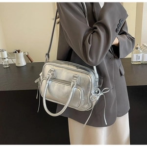 Silver metallic pleated PU handbag with bow tassel and multiple zipper pockets