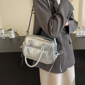 Silver metallic vintage pleated handbag with bow details and top handles for women