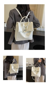Detailed views of creamy white crocodile pattern backpack with silver metal twist lock
