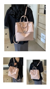 Detail of pink embossed leather backpack showing flip-top design and metal twist lock